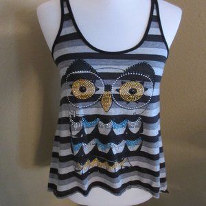THE CLASSIC BRAND TANK TOP WITH BLINGED OUT OWL WITH LACY SEE THROUGH BACK MED